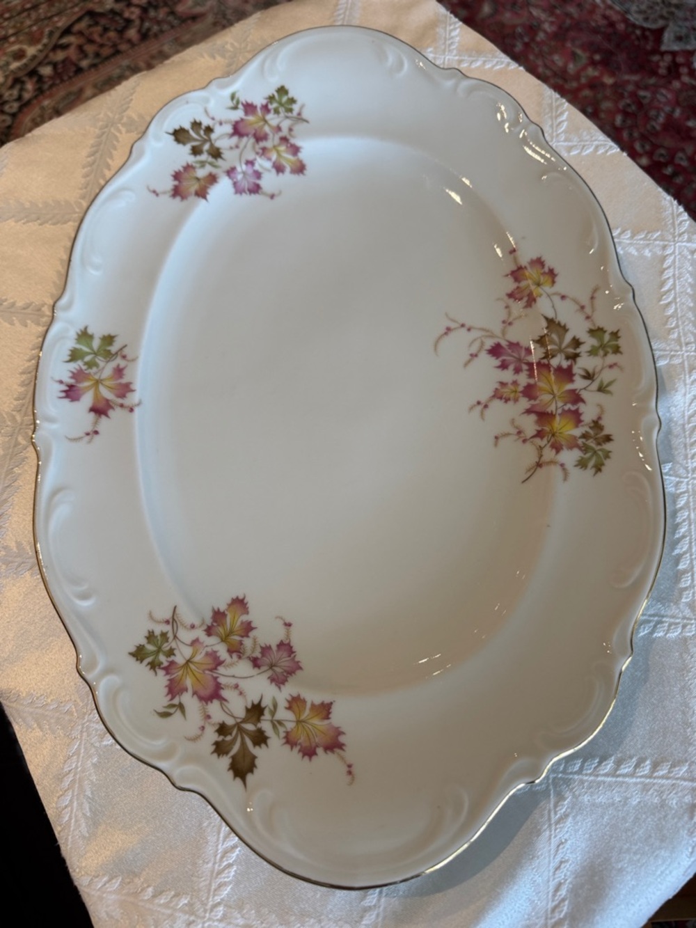 Vintage Mitterteich Porcelain Oval Serving Platter with Pink & Green Leaf Motif